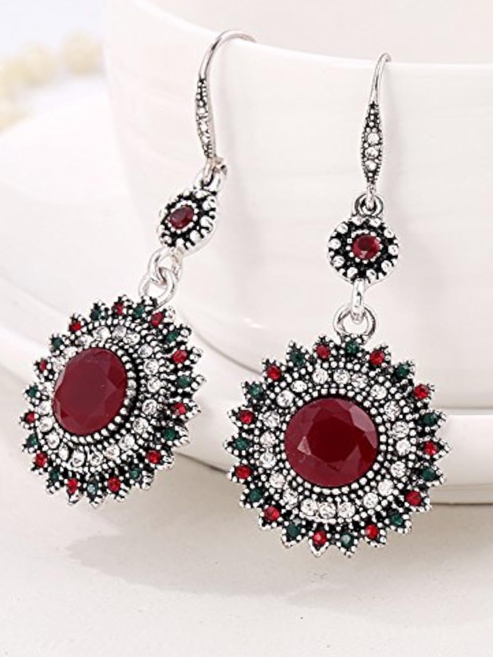 Anthropologie Silver-Tone Drop Earrings with Red & Green Accents
